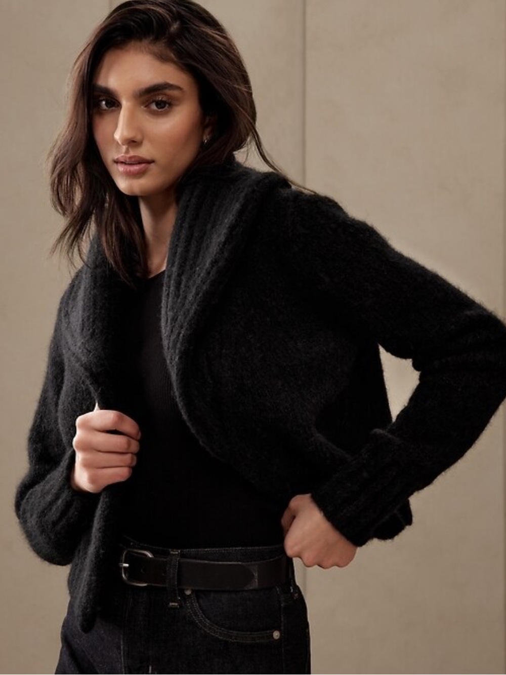 Banana Republic Sweater Esme Cardigan Alpaca Blend Fuzzy Black Shawl Collar XS
